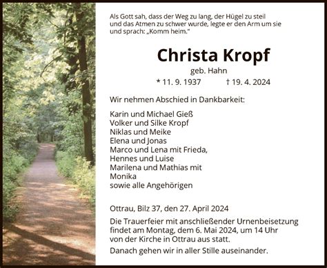 Traueranzeigen Von Christa Kropf Trauer HNA De