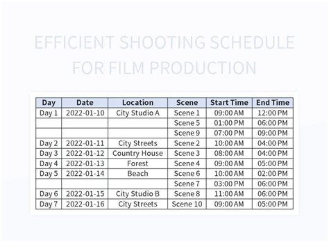 Efficient Shooting Schedule For Film Production Excel Template And