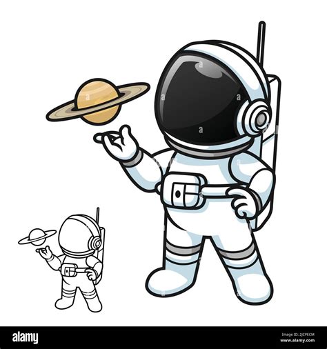 Lindo Astronauta Con La Mano Que Presenta El Planeta Saturno Con Línea Blanca Y Negra Dibujo De