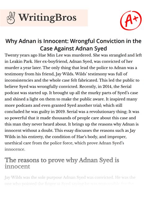 Why Adnan Is Innocent Wrongful Conviction In The Case Against Adnan Syed [free Essay Sample