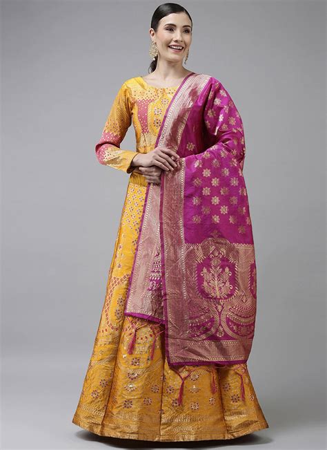 Shop Yellow Benarasi Silk Brocade A Line Lehenga With Pink Dupatta