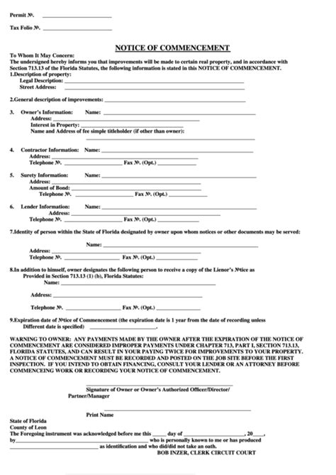 Fillable Notice Of Commencement Form State Of Florida Printable Pdf