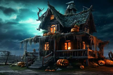 Haunted house on halloween celebration concept. Spooky house halloween background with deserted ...