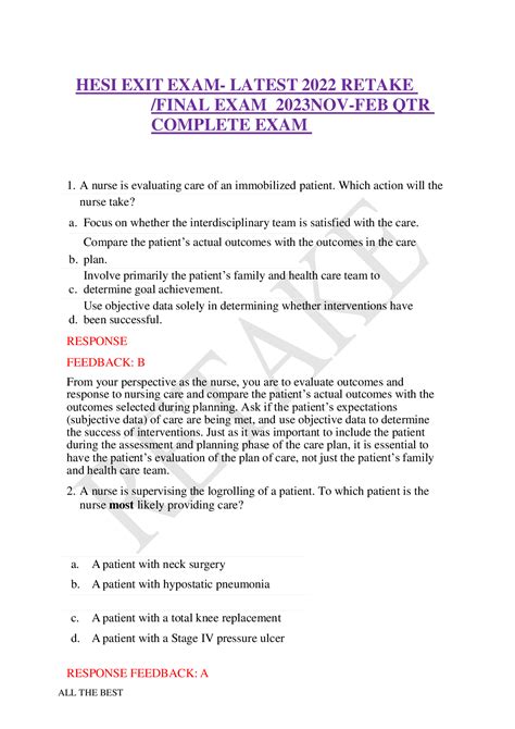 HESI EXIT EXAM LATEST 2022 RETAKE FINAL EXAM 2023NOV FEB QTR COMPLETE