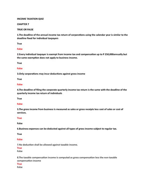 QUIZ CHAP 7 8 1 Quiz For Income Tax INCOME TAXATION QUIZ CHAPTER 7