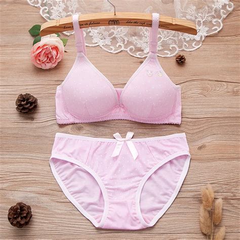 Puberty Girls Bra Dot Cotton Underwear Set Wireless Bra Teenage