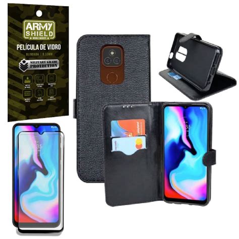 Kit Capinha Carteira Moto E Plus Pel Cula Vidro D Armyshield Em