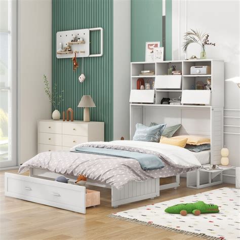 Aoolive Queen Size Murphy Bed with Bookcase, 2 Bedside Shelves and a Big Drawer, Modern White ...