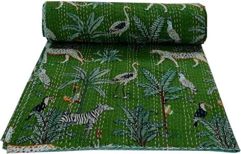 Handblock Traditional Pure Cotton Jungle Print Kantha Quilt Bed Cover