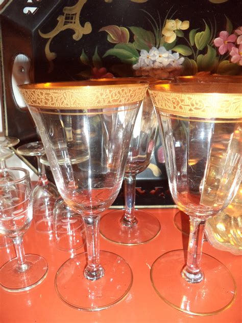 Edwardian Antique Crystalgold Trim Wine Glasses Set Of 4