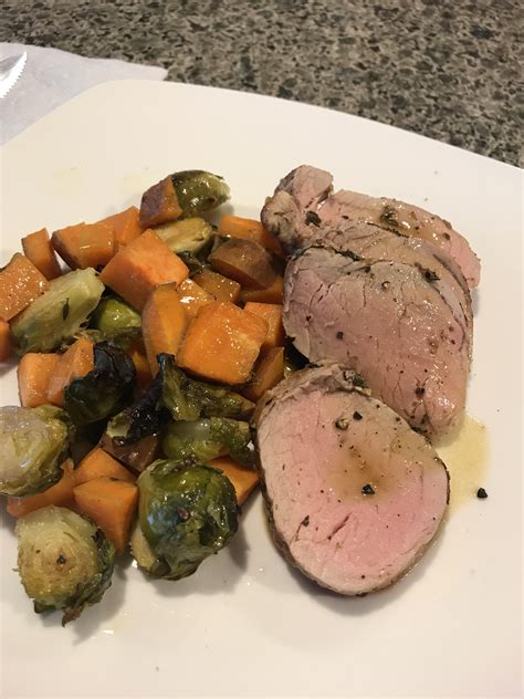 [homemade] Roasted Pork Loin W Sweet Potatoes And Brussel Sprouts And Honey Mustard Sauce