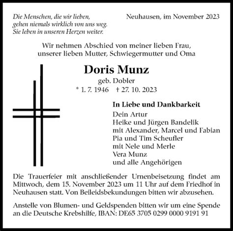 Traueranzeigen Von Doris Munz Zeit Des Gedenkens De