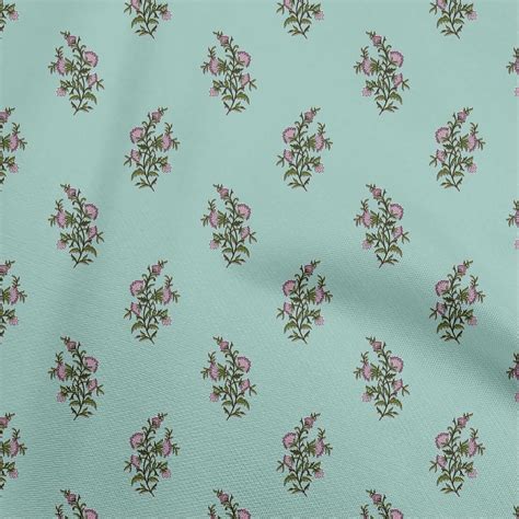 OneOone Cotton Silk Dusty Teal Green Fabric Asian Ajrakh Floral Sewing