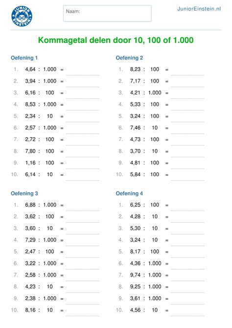 Werkblad Kommagetal Delen Door 10 100 Of 1000