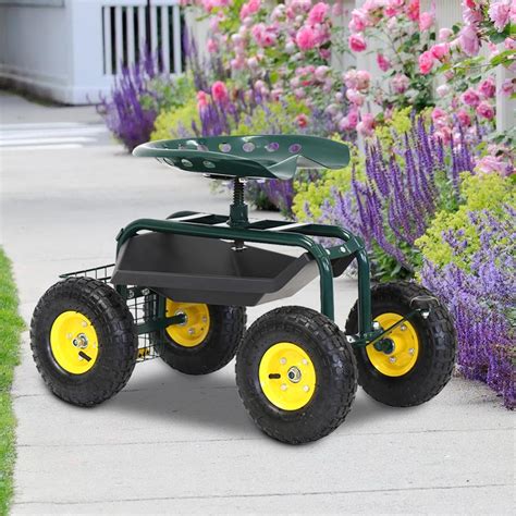 Kinbor Rolling Garden Cart With Work Seat Heavy Duty Wheels Tool Tray And Storage Basket In