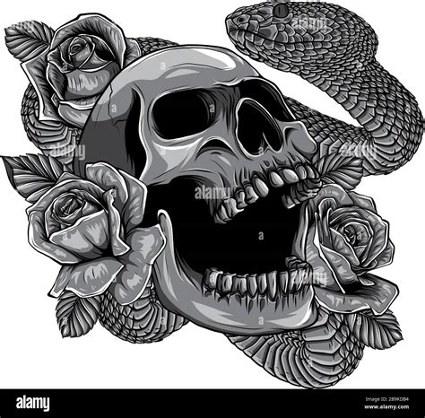 Monochromatic Skull With Snake And Five Roses Tattoo Vector Stock