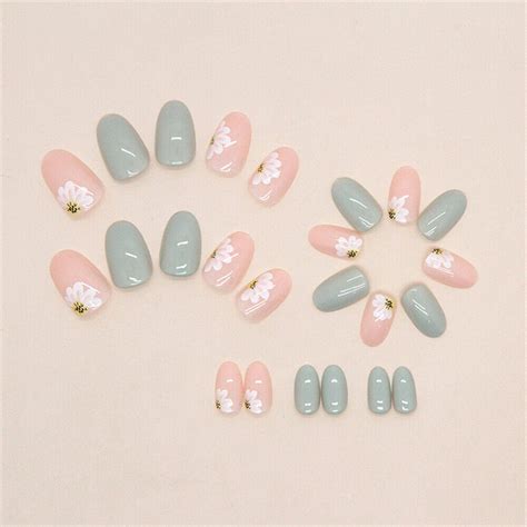 Green Pink Flowers False Nail Short Almond Press On Nails For Nail Art 24pcs Ebay