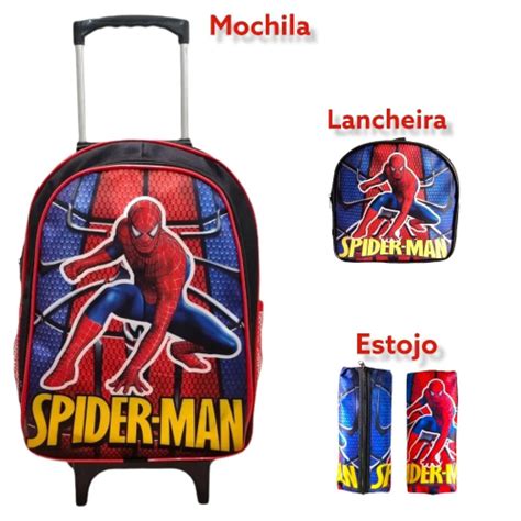 Mochila Infantil Rodinha Escolar Lancheira Estojo Homem Aranha No