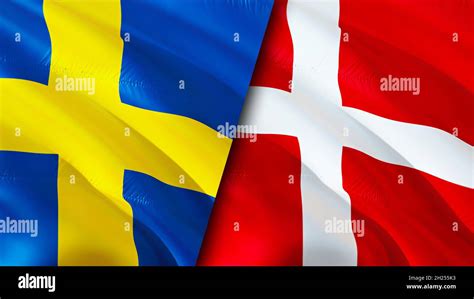 Sweden and Denmark flags. 3D Waving flag design. Denmark Sweden flag ...