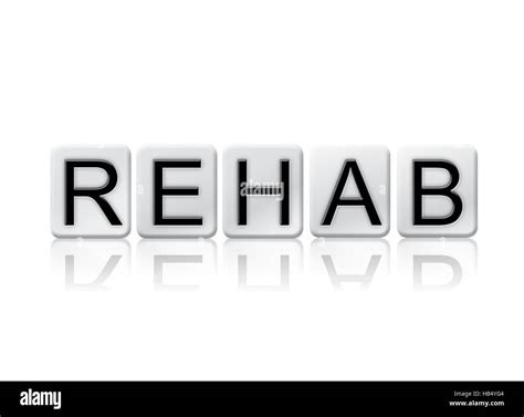 The Word Rehab Written In Tile Letters Isolated On A White Background