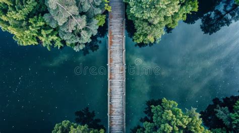 Aerial View Of Wooden Bridge Over Water Surrounded By Trees Stock