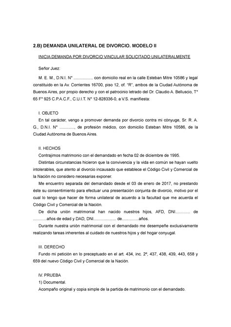 Salto Artefacto Argumento Demanda De Divorcio Unilateral Sin Hijos