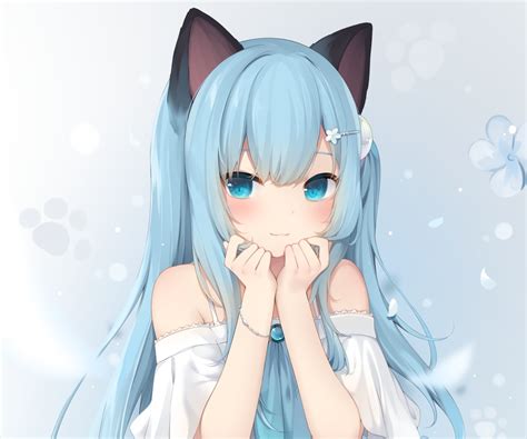 Amashiro Natsuki Animal Ears Aqua Eyes Aqua Hair Catgirl Cropped Fang