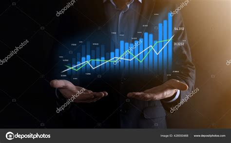 Business Man Holding Holographic Graphs Stock Market Statistics Gain