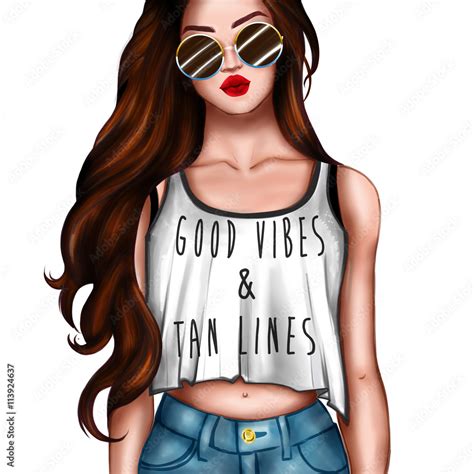 Hand Drawn Cartoon Character Girl Wearing Crop Top And Sunglasses