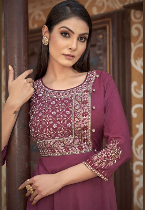 Buy Embroidered Art Muslin Silk Gown In Maroon Online TPA2845 Utsav