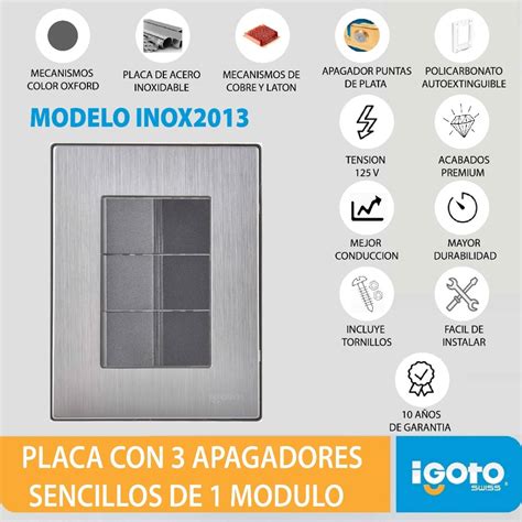 Placa 3 Apagadores Sencillos Plata Oxford Inox Igoto Meses Sin Intereses