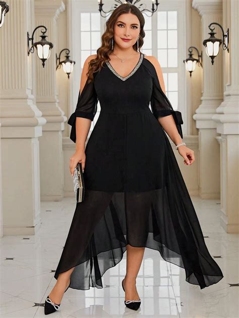 Shein Clasi Plus Size Cold Shoulder And Sparkling Tape And Chiffon