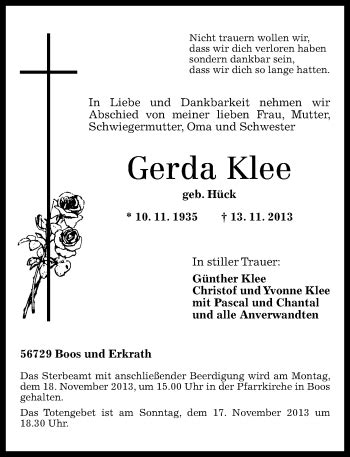 Traueranzeigen Von Gerda Klee Rz Trauer De