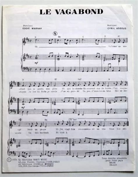 Partition Vintage Sheet Music Claude Francois Le Vagabond S