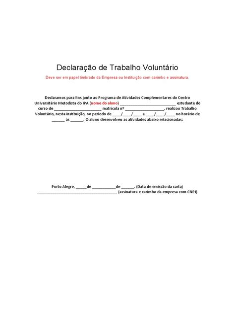 7 Declaração De Trabalho Voluntário Pdf