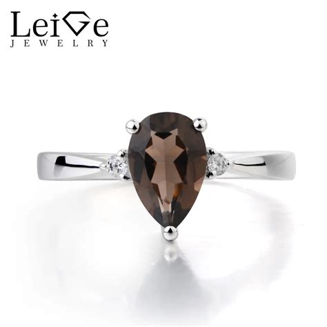 Leige Jewelry Natural Smoky Quartz Ring Pear Cut Brown Gemstone Solid