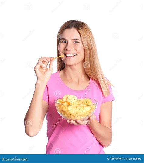 Woman Eating Potato Chips Stock Image Image Of Crisp 129999961