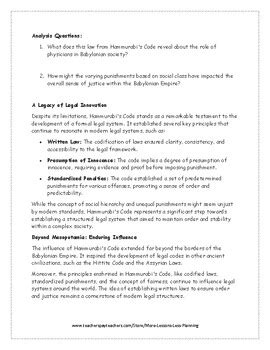 Hammurabi S Code Law And Order Mesopotamia Reading Comprehension Worksheet