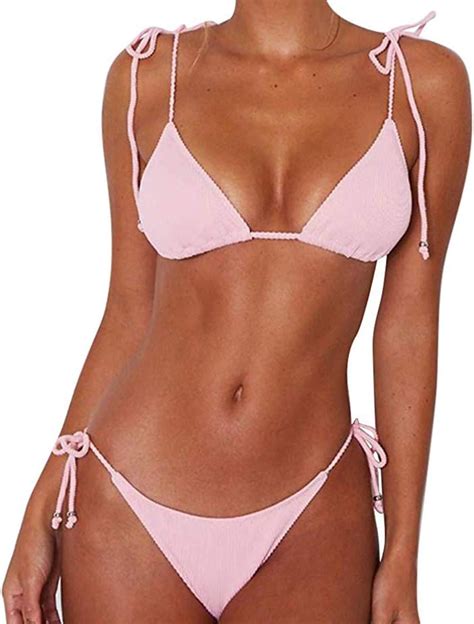 Jfan Women S Ribbed Tie Bikini Brazilian Swimsuit Spaghetti Stripes