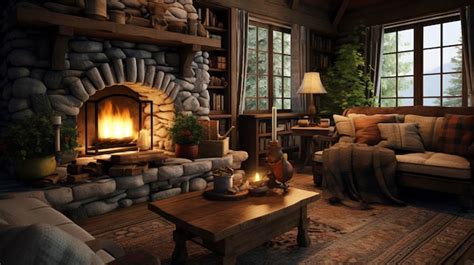 Premium AI Image | An interior shot of a log cabin with a stone ...