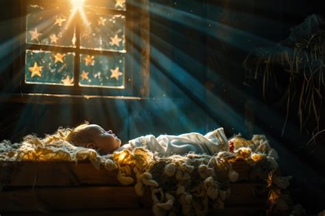 O bebê jesus descansando em uma manjedoura a luz da estrela