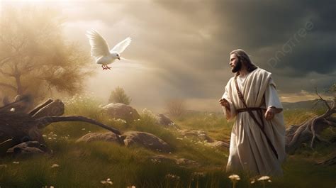 Godly Jesus Walking Through A Field With A Flight With A White Dove