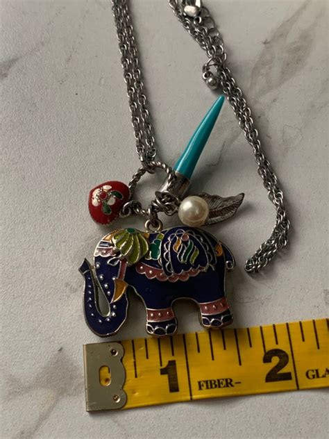 Vintage Elephant Necklace Cloisonné Necklace Multi Gem