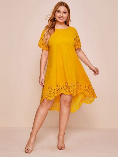 Shein Plus High Low Hem Scallop Laser Cut Dress Yellow Knee Length