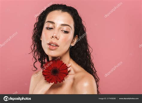 Beauty Photo Caucasian Nude Woman 20S Long Hair Smiling Holding Stock