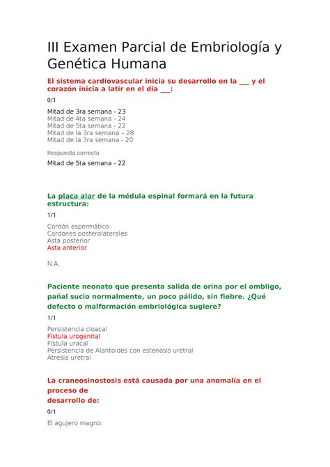 III Examen Parcial de Embriología y Genética Humana III Examen