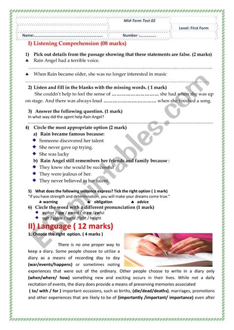 First Form Mid Term Test 2 ESL Worksheet By Chiko123