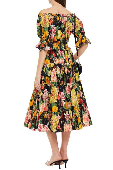 DOLCE GABBANA Off The Shoulder Tiered Floral Print Cotton Poplin Midi