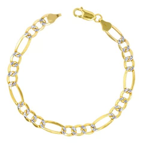 Pulsera Esclava 3x1 Figaro Diamantada Oro 10k 7m 21cm Italy Color