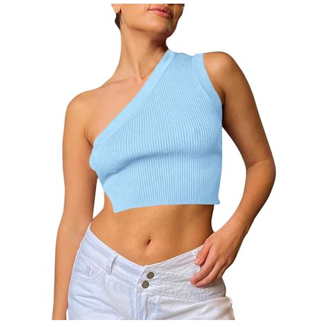 Munlar Womens Sexy Vest Knitted One Shoulder Light Blue Open Umbilical Camisole Sleeveless Tank